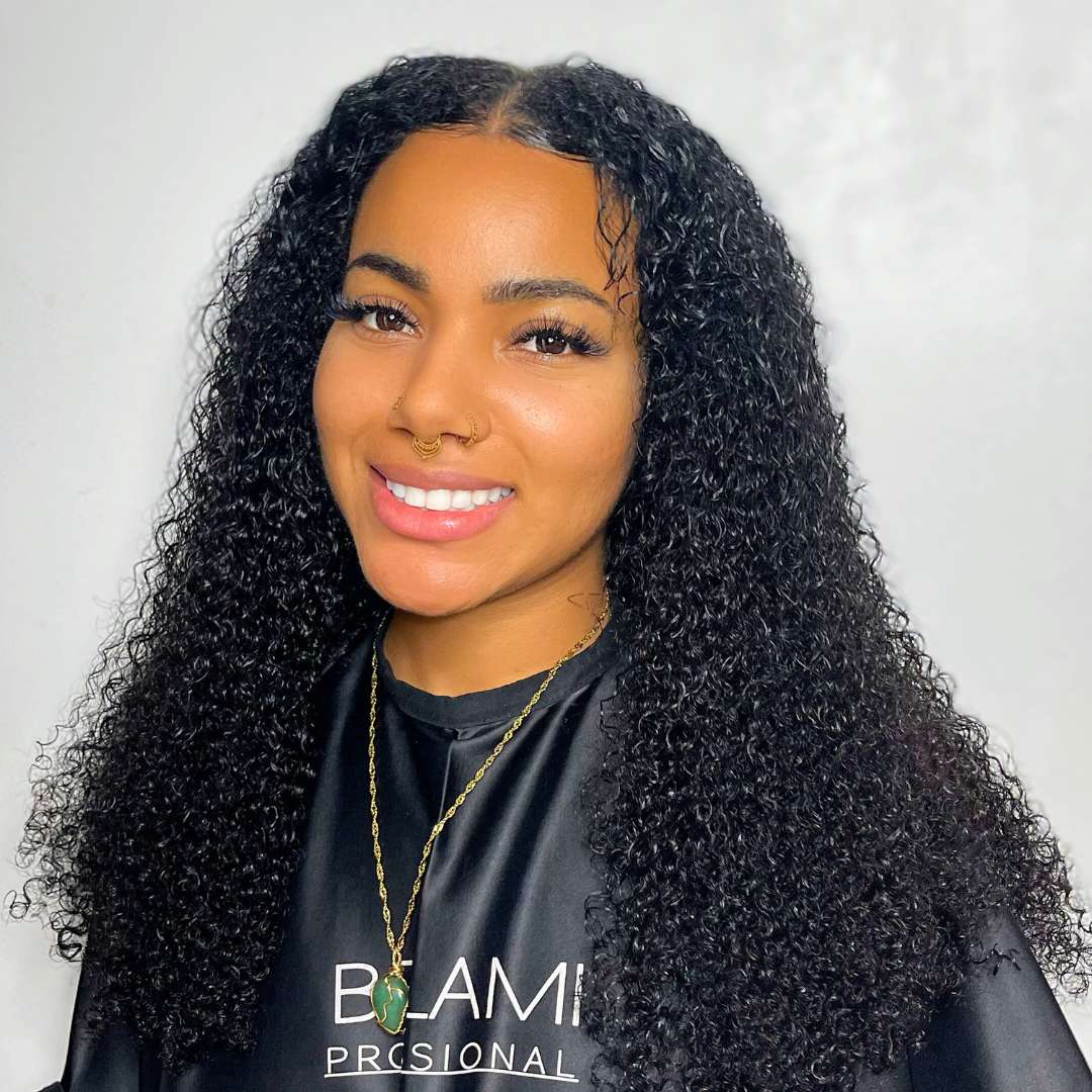 Completed look of curly hair with luxury extensions for added length