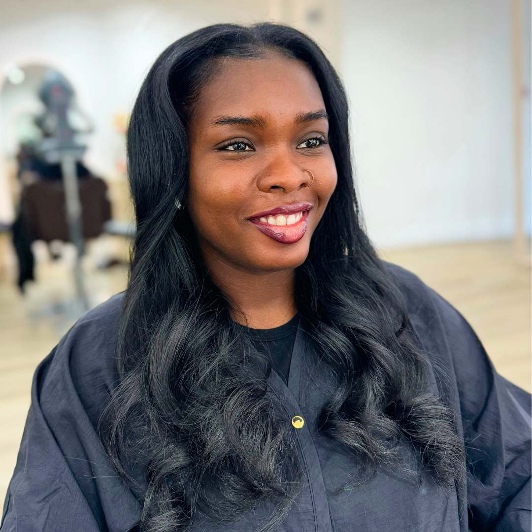 Before and after silk press showing natural hair styled straight and glossy.