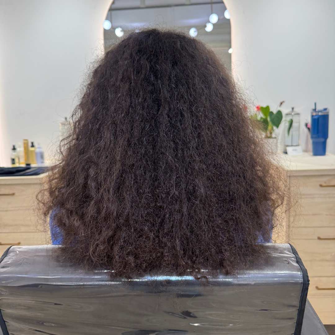 Before styling: natural hair texture prior to curl treatment