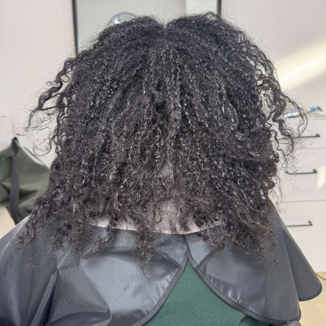 Natural hair before silk press showing texture and volume prior to straightening.