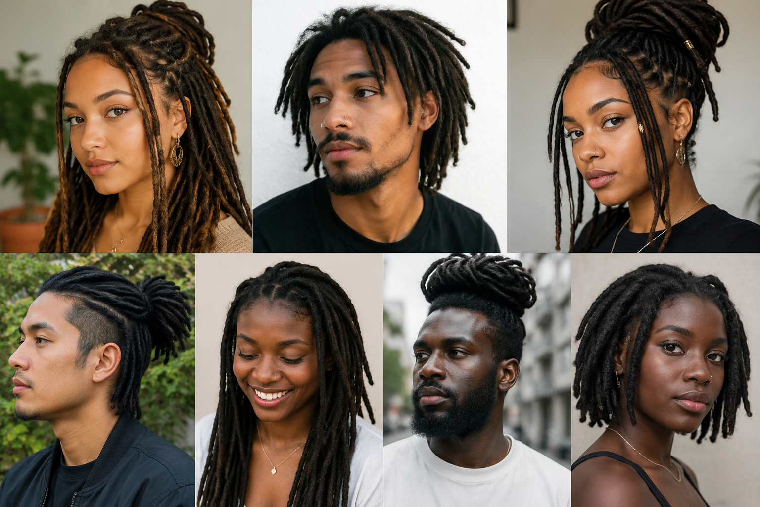 Collage of diverse men and women with locs, showcasing realistic starter and mature loc styles on type 3 to type 4 curly and coily hair textures, ideal for a blog post about locs for different curl types.