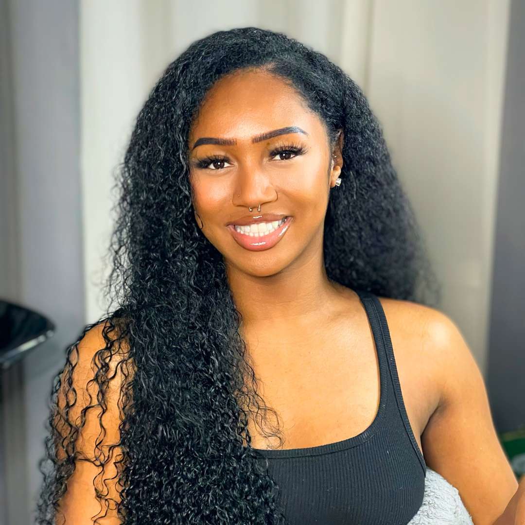 Curly hair before and after volume added with luxury extensions