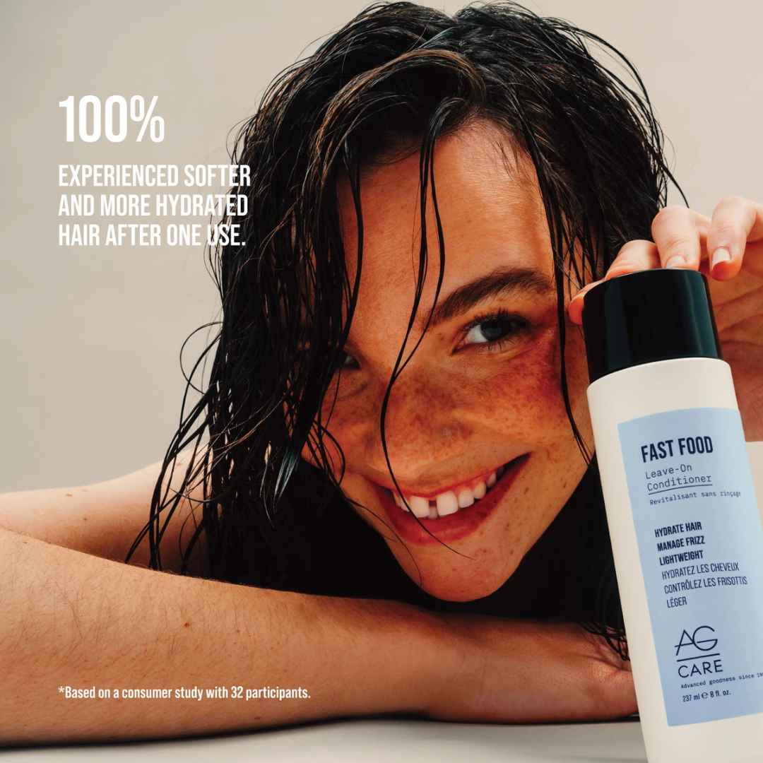 Woman with wet hair holding a bottle of AG Care product, with text about hair softness and hydration.
