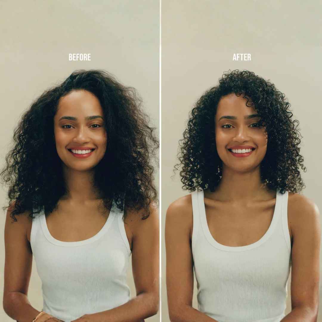 Before and after comparison of a woman with curly hair against a neutral background