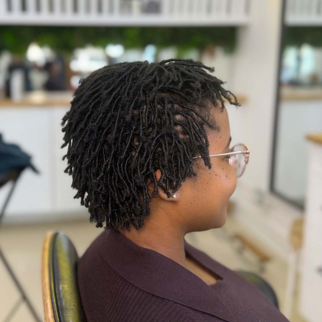Short mature locs with natural texture and volume — DES Curl Spa locs services Vancouver BC