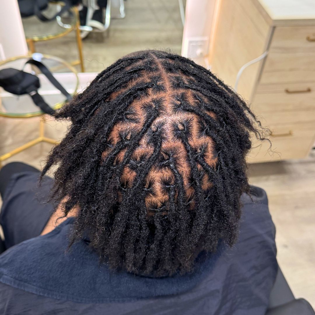 Close-up aerial view of locs retwist showing fresh new growth and uniform sectioning — DES Curl Spa Vancouver